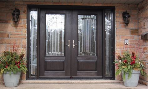Fiberglass Door System Double Doors With 2 Sidelights Dark Walnut Stain