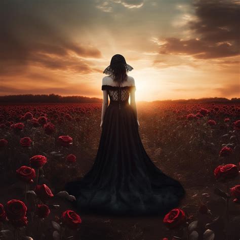 Premium Ai Image A Woman In A Black Dress Stands In A Field Of Red
