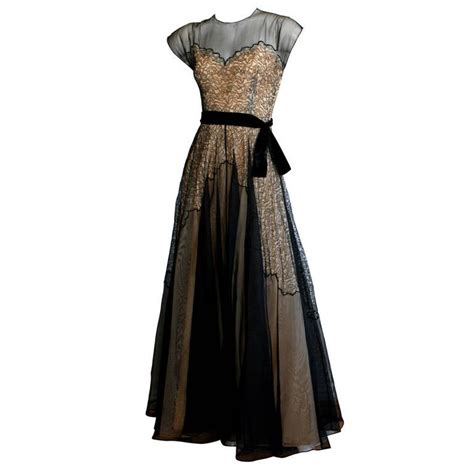 Stunning 1950s Lace Illusion Black And Nude Vintage Evening Gown At 1stDibs