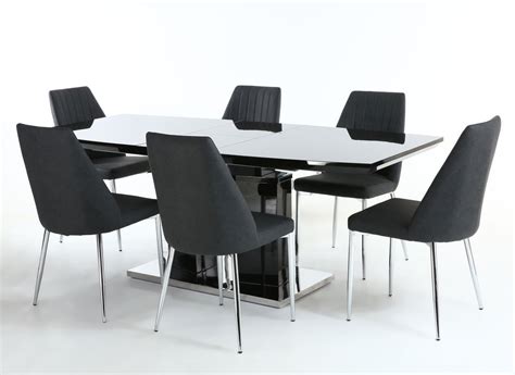 Ingatorp, table and 6 chairs, black/sporda dark grey, 155/215x87 cm. Black high gloss dining table & 6 grey fabric chairs ...
