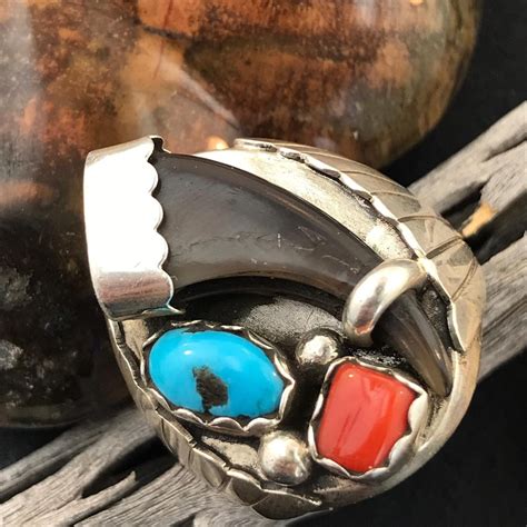 Vintage Mens Ring Bear Claw Turquoise Coral SZ 10 5 Sterling Silver