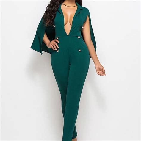 Emerald Green Jumpsuit With Deep V Neck And Cape Style