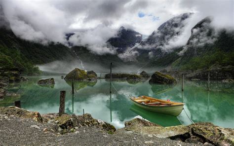 Nature Landscape Lake Boat Mountain Clouds Wallpapers Hd Desktop