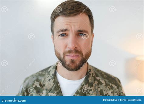 Portrait Of Middle Aged Sad Desperate Military Man Ptsd Concept Stock