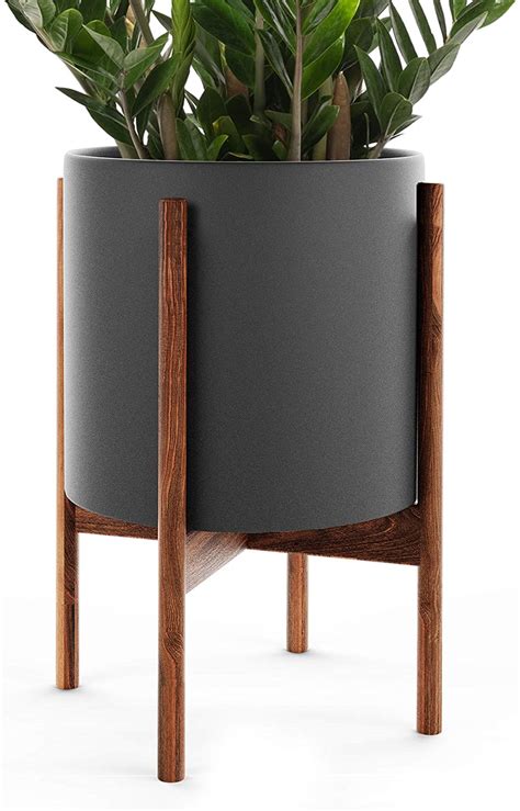 Omysa Mid Century Plant Stand With Pot Included 10″ Black Ceramic