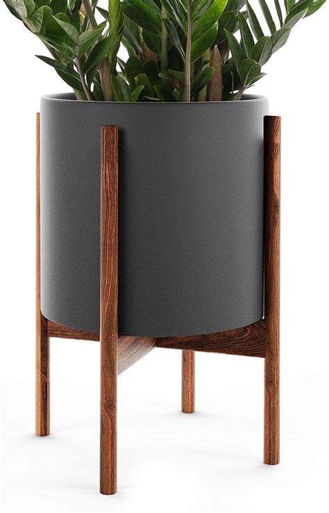 OMYSA Mid Century Plant Stand with Pot Included (10″) – Black Ceramic