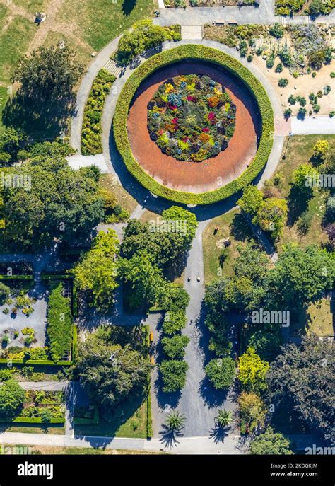 Aerial View Botanical Garden In Grugapark Circle Of Flowers Circular