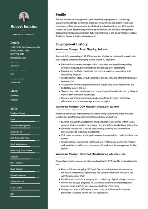 Warehouse Manager Resume And Writing Guide 18 Templates