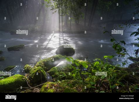 Fog And Sun Breaking At The River Stock Photo Alamy