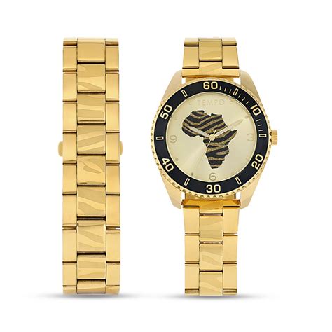Tempo Mens Gold Plated Africa Dial Bracelet Watch Set