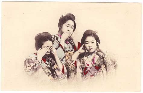 this old postcard features three japanese girls in elaborate kimonos doing a version of the