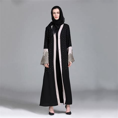 Casual Muslim Embroidery Abaya Lace Maxi Dress Beading Cardigan Kimono