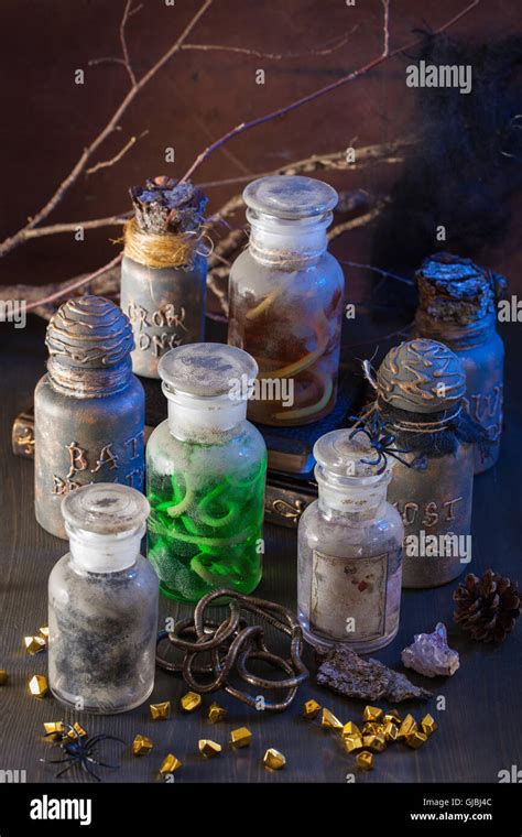 Witch Apothecary Jars Magic Potions Halloween Decoration Stock Photo