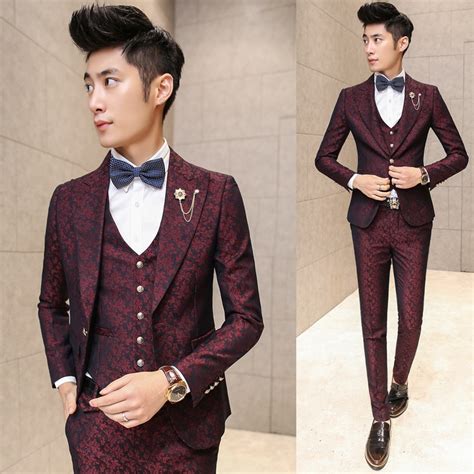 buy prom men suit with pants red floral jacquard wedding suits for men 3 pieces