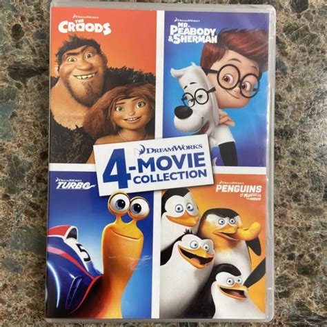 Dreamworks 4 Movie Dvd Collection Croods Turbo Peabody Penguins 4 Discs