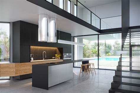 The black drawer handles and black benchtop work well as a contrast against the stark white cabinets and cupboards. 3 Modern Villas That Embrace Indoor-Outdoor Living ...