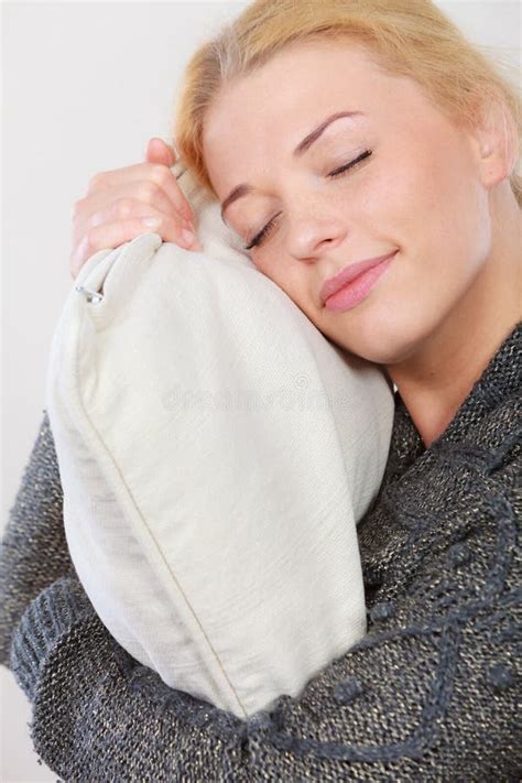 Happy Sleepy Woman Holding And Hugging Pillow Stock Image Image Of