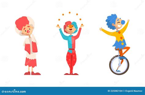 Funny Clowns Characters Set Men In Colorful Costumes Juggling Balls
