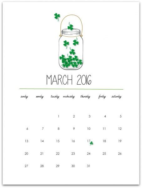 March 2016 Free Printable Calendar Page Mason Jar Crafts Love