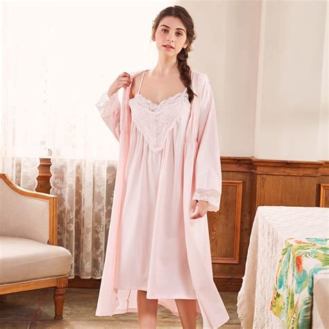 Buy Knitted Cotton Sleepwear Women Long Nightgown With Robe Set Two Pieces