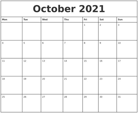 October 2021 Printable Monthly Calendar