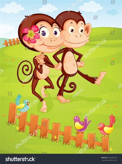 Illustration Two Monkeys Walking On Green Stock Vector Royalty Free