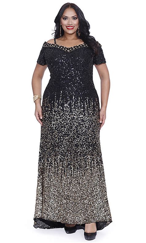 Long Black And Gold Sequin Plus Size Prom Dress