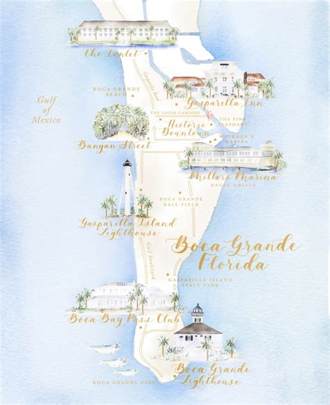 Map Of Boca Grande Florida Watercolor Art Print Keepsake Etsy