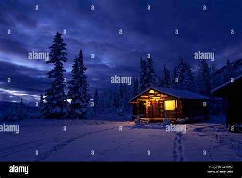 Log Cabin At Night Ak Range Snowcapped Mtns Interior Ak Winter Scenic
