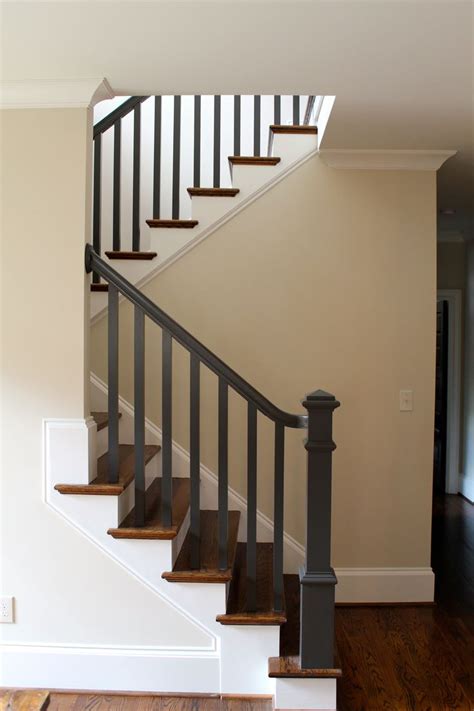 Disgusted with your ugly carpeted stairs? Black Pine Studio -Dark painted stair rail -Beautiful ...