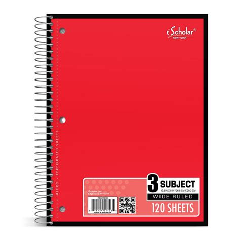 3 Subject Spiral Notebook Wide Ruled 120 Sheets