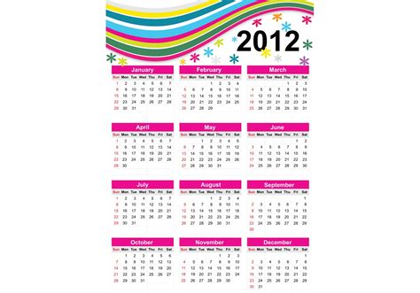 Colorful Free Vector Calendar For Year 2012 Download Free Vector Art