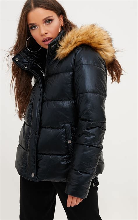 Black Foil Puffer Jacket With Faux Fur Hood Coats And Jackets