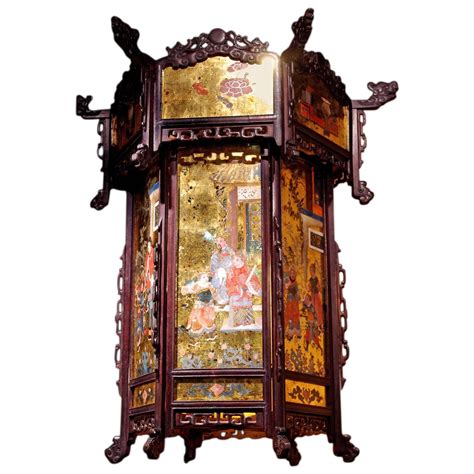 19th Century Chinese Style Gold Leaf And Painted Glass Lantern For Sale