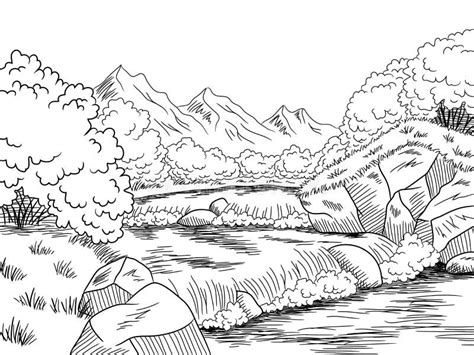Mountain River Graphic Black White Landscape Sketch Illustration Stock