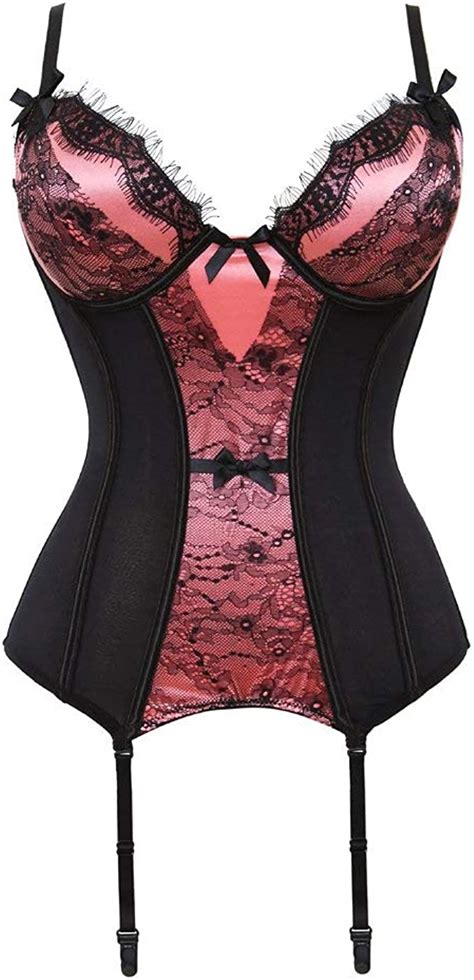 Kelvry Womens Basque Gothic Bustier Boned Satin Lace Up Overbust Corset Top With Suspenders