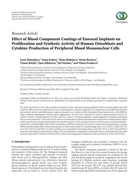 Pdf Effect Of Blood Component Coatings Of Enosseal Implants On