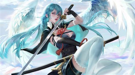 82754 Angel Girl Anime Fantasy Katana Sword 4k Wallpaper
