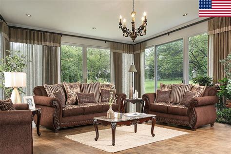 Traditional Elegant 2pc Formal Set Sofa Love Seat Formal Brown Fabric Leatherette Living Room