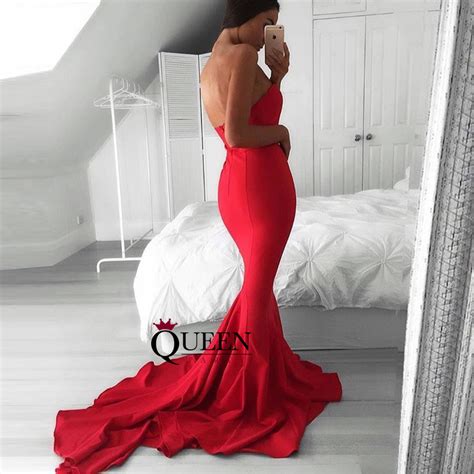 Red Satin Sweetheart Mermaid Sweep Train Long Prom Dress With Backless · Queenparty · Online