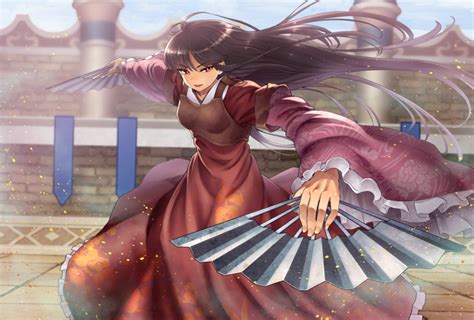 safebooru 1girl armor black hair blurry blurry background chiaki rakutarou dual wielding fan