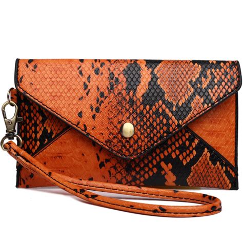 E0501 Miss Lulu Small Snakeskin Pattern Envelope Purse Clutch Orange