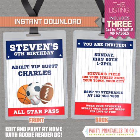 All Star Sports Vip Pass Birthday Party Invitations Instant Download