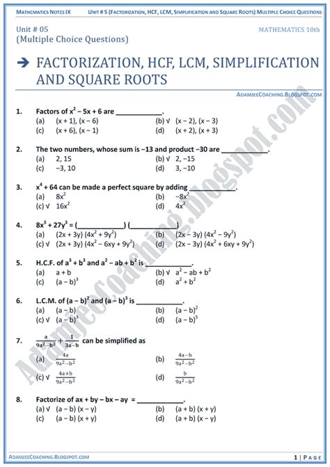 The important questions and solutions for cbse class 8 mathematics on vedantu consist of all these types of questions. Adamjee Coaching: Factorization, HCF, LCM, Simplification ...