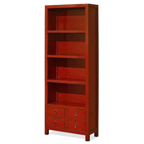 Distressed Red Elmwood Oriental Zen Style Bookcase