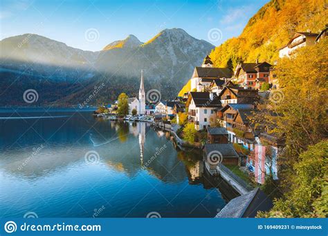 Hallstatt Mountain Village In Fall Salzkammergut Austria Stock Image