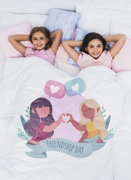 Premium Psd Best Friends Relaxing In Bed With Cute Blanket Mock Up