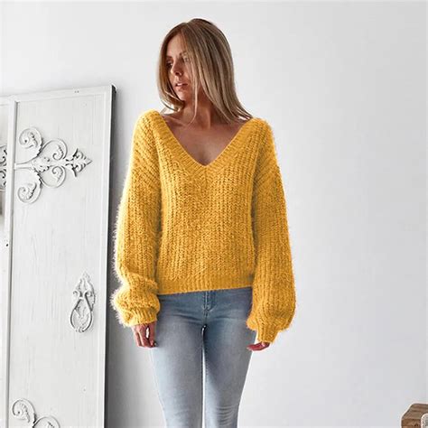 Sexy Loose Backless Knitted Sweater Women Autumn Winter Long Sleeve Cotton Women Tops Casual