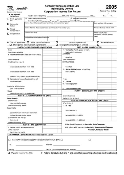Form 725 Individually Owned Corporation Income Tax Return 2005