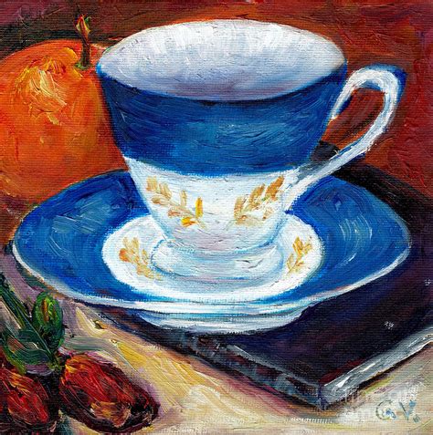Blue Tea Cup With Book And Roses Small Still Life Painting For Sale